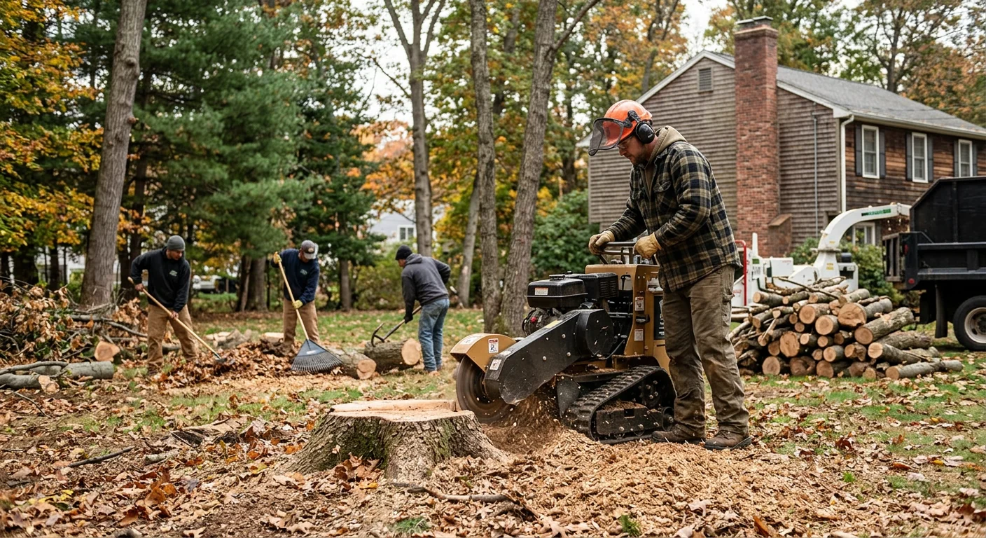 Stump grinder clearing a residential lot after tree cutting