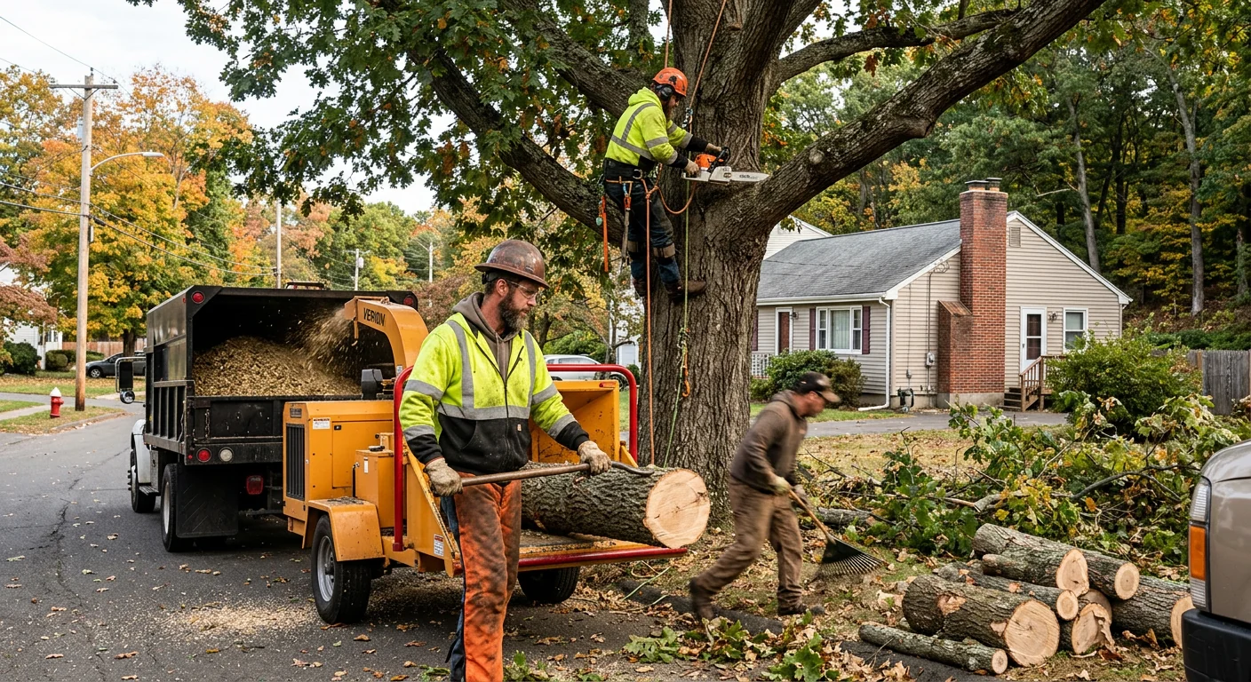 Tree crew removing a large limb over a Meriden residential property