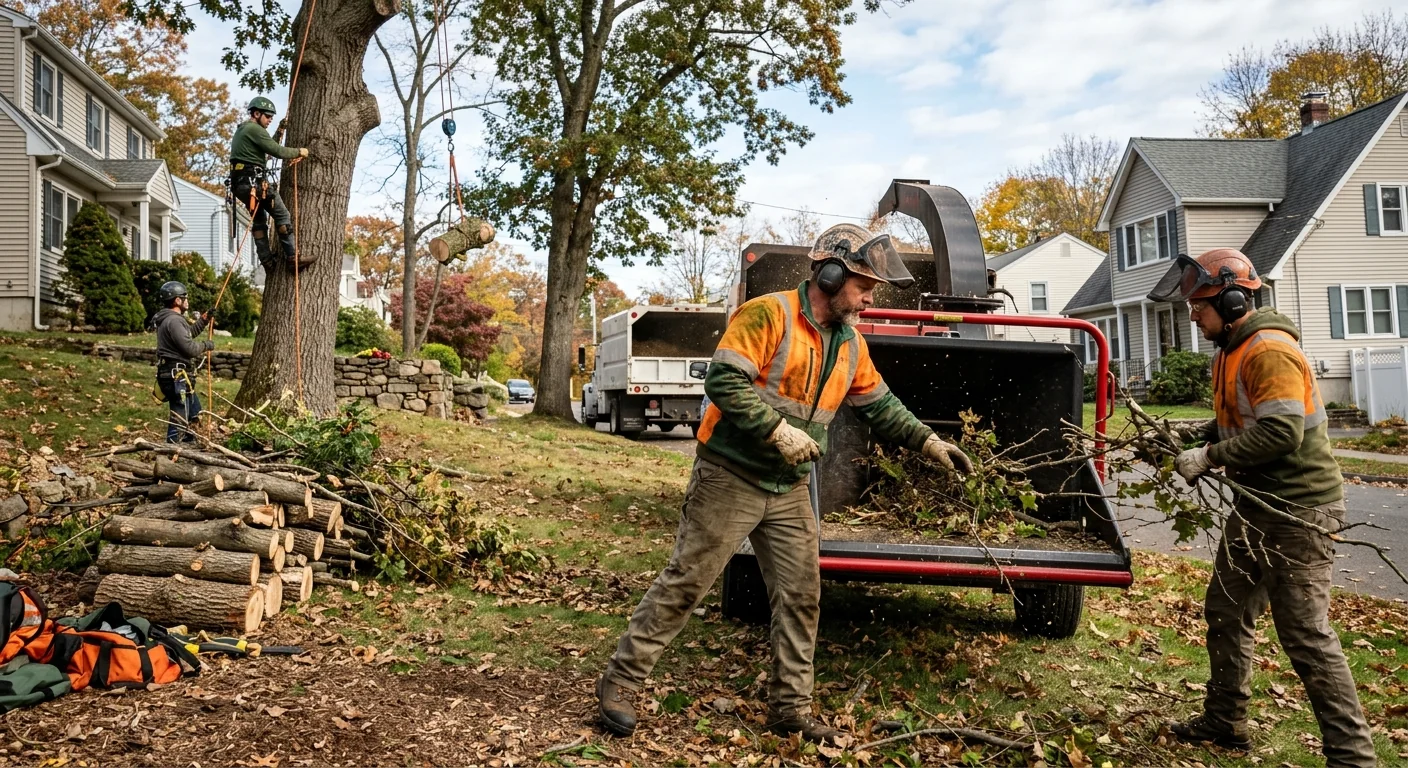 Worker assessing tree size and canopy access before a trimming job