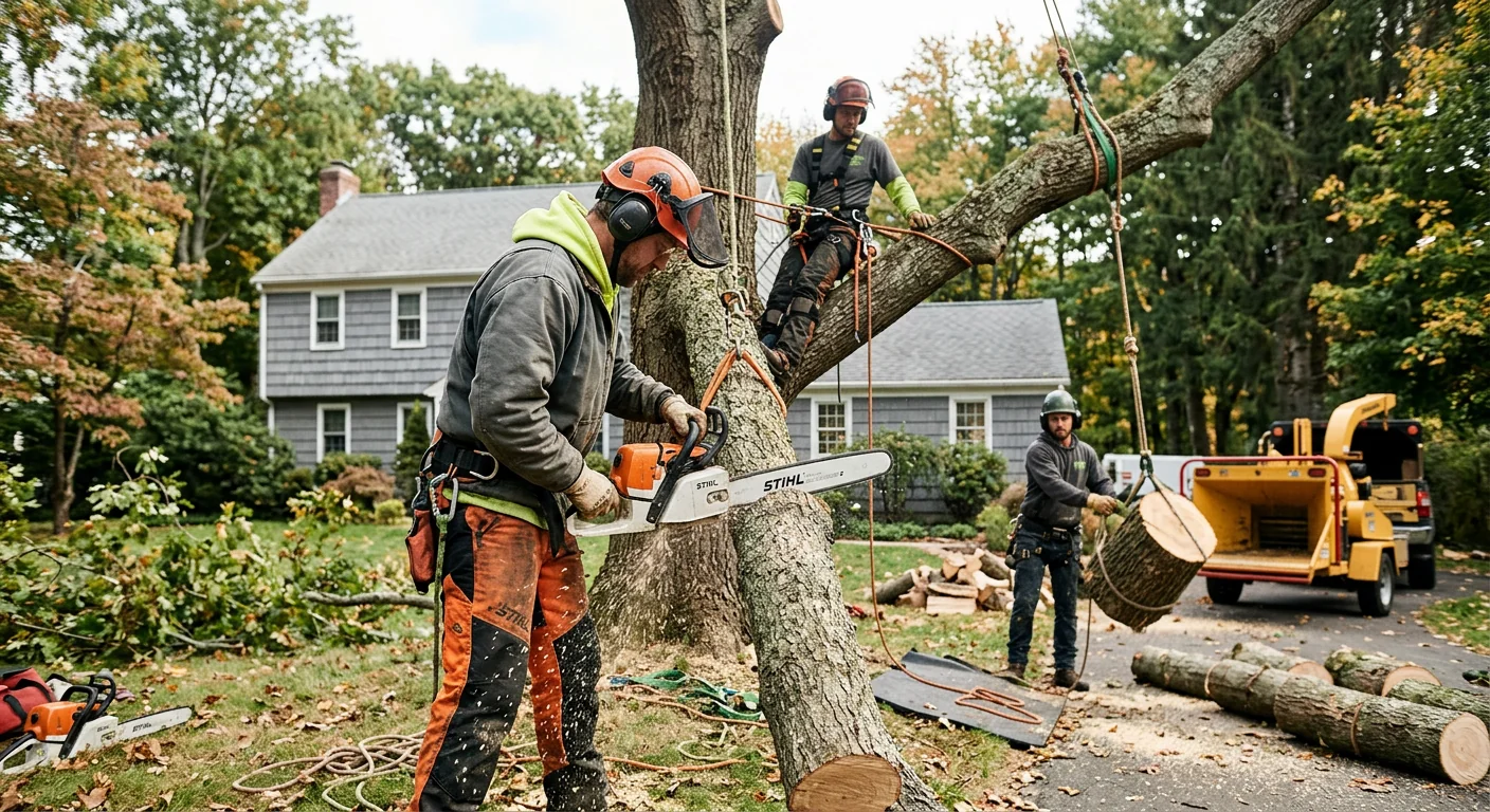 Tree trimming crew working on branches at a Meriden residential property