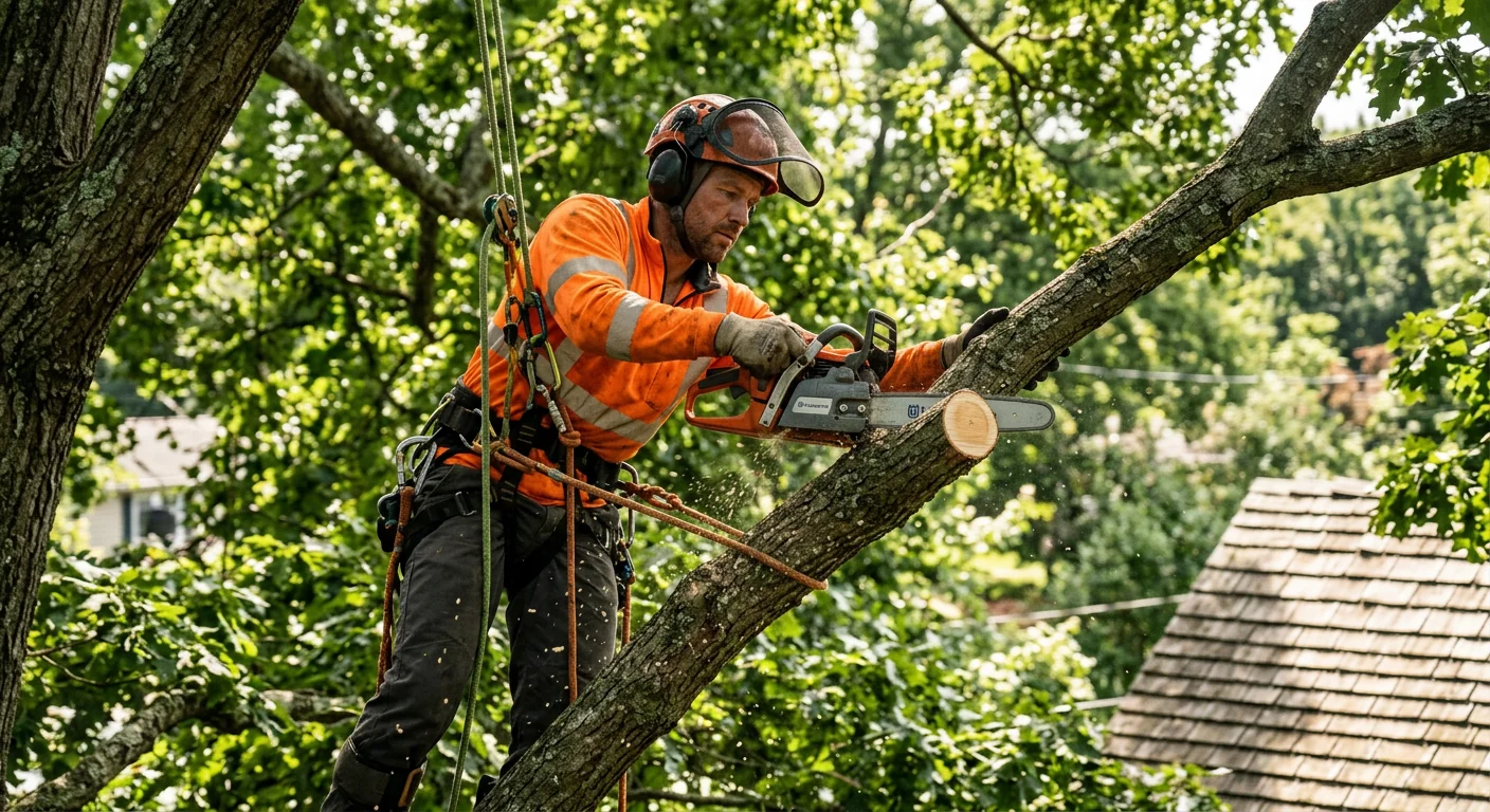 Arborist making a clean pruning cut on a mature shade tree canopy