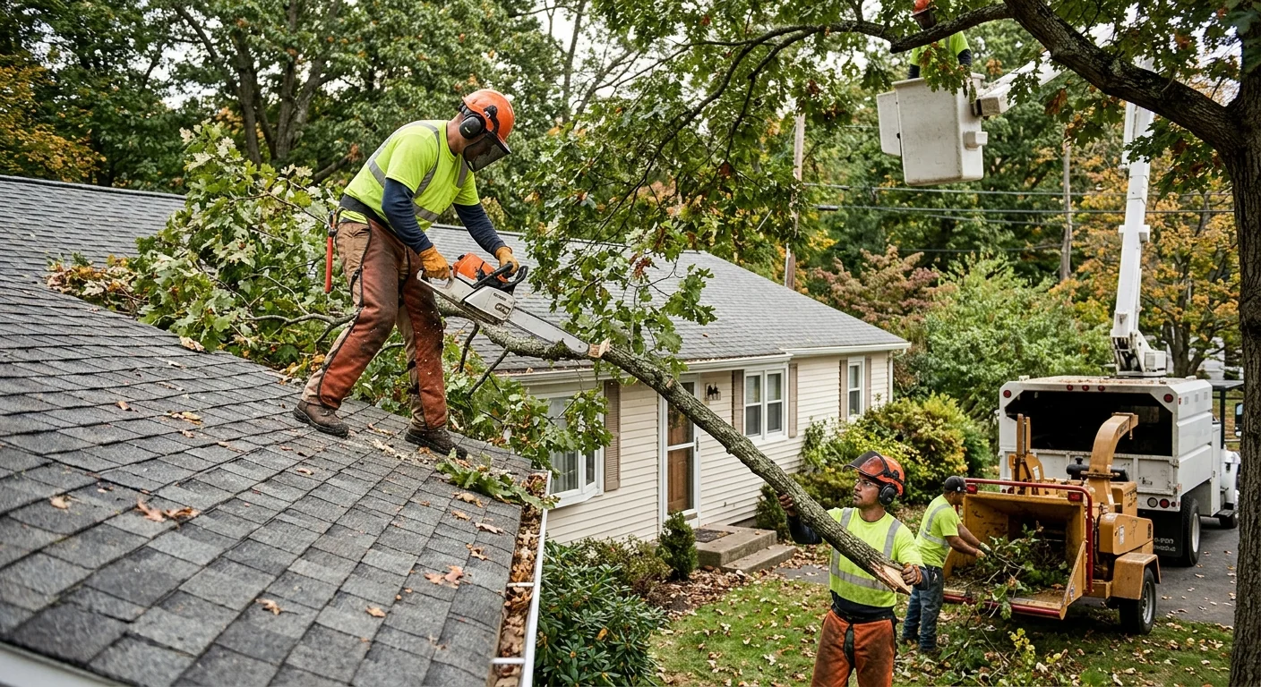 Crew trimming overgrown limbs from a residential rooftop in Meriden