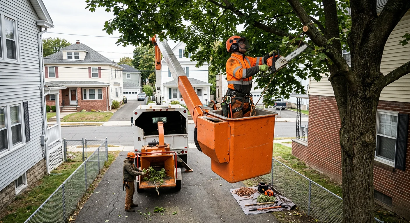 Bucket truck positioned for canopy thinning on a tight city lot