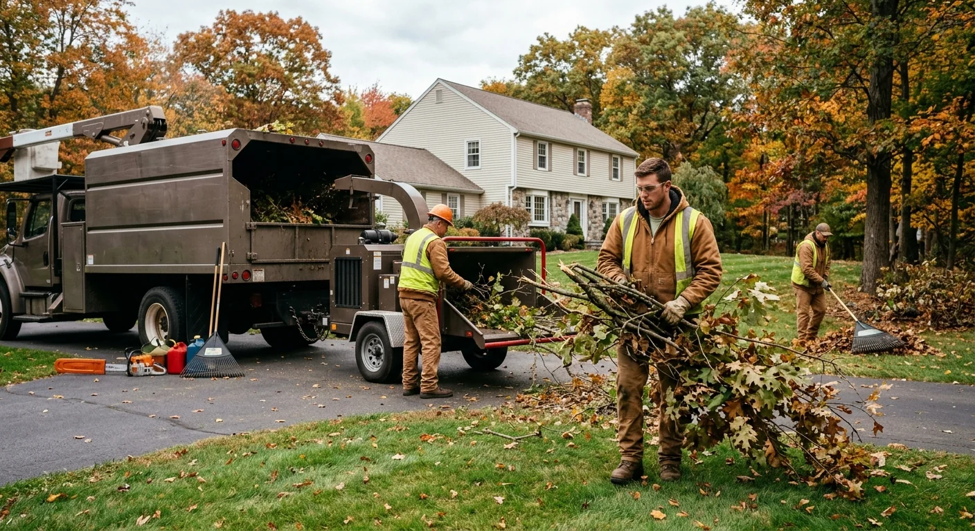 Ground crew hauling trimmed brush off a cleaned property