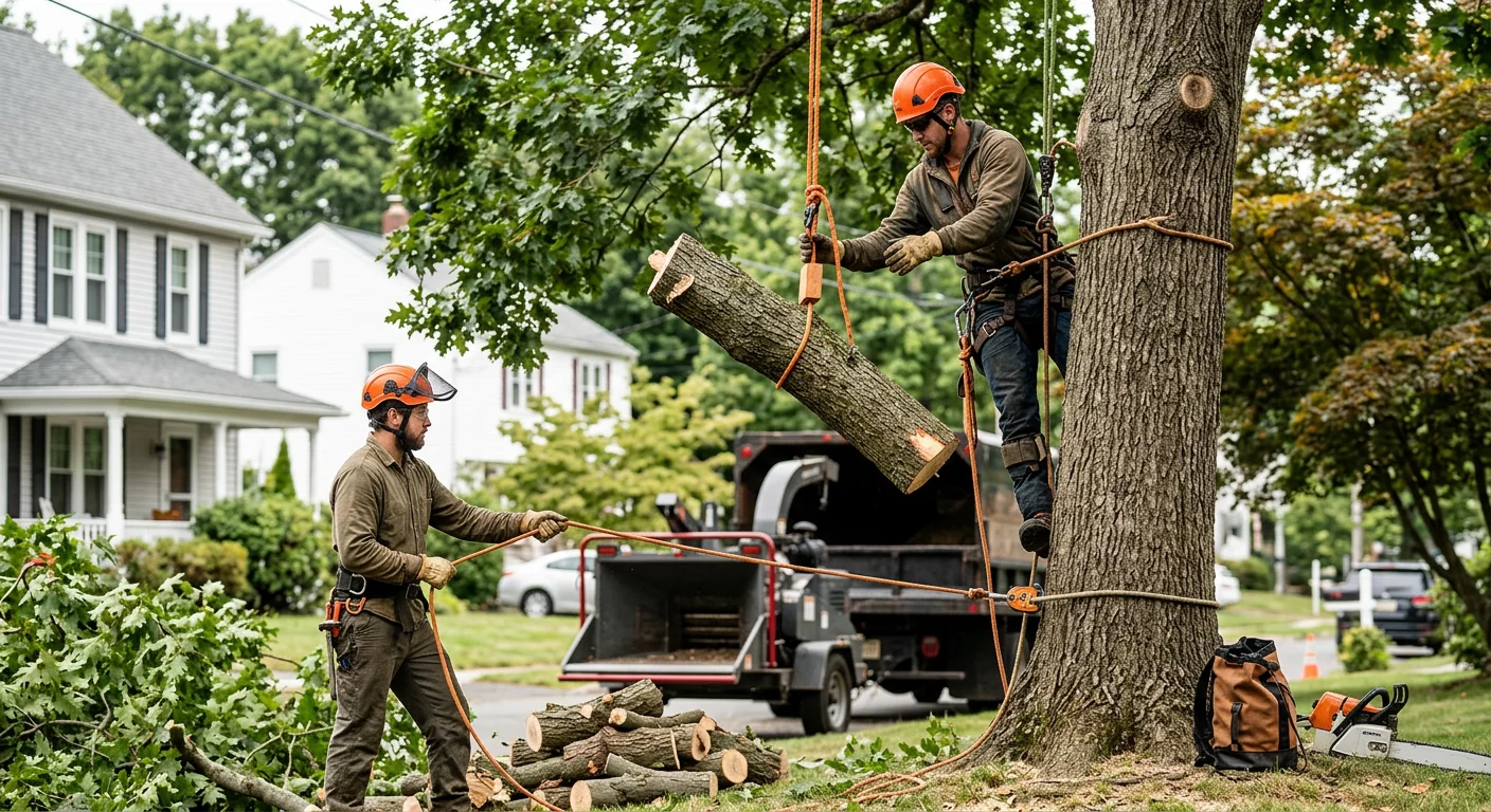 Crew rigging down limbs during a tree trimming job in Meriden CT